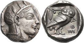 ATTICA. Athens. Circa 455-449 BC. Tetradrachm (Silver, 23 mm, 16.75 g, 7 h). Head of Athena to right, wearing crested Attic helmet adorned with three ...