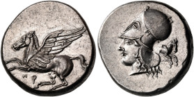 CORINTHIA. Corinth. Circa 400-375 BC. Stater (Silver, 21 mm, 8.57 g, 3 h). Ϙ Pegasos with straight wings flying left; below, H. Rev. Head of Athena to...