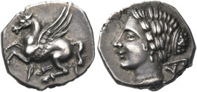CORINTHIA. Corinth. Circa 350-300 BC. Drachm (Silver, 14 mm, 2.32 g, 9 h), with the initial of the engraver D..... ϙ Pegasos flying to left, with a st...