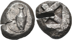 CYCLADES, Melos. Circa 475-460 BC. Stater (Silver, 22 mm, 14.27 g). MA-ΛΙ ( retrograde ) Oinochoe with handle to right. Rev. Quadripartite "millsail" ...