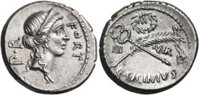 Q. Sicinius, 49 BC. Denarius (Silver, 18 mm, 3.79 g, 11 h), Rome. FORT P.R Diademed head of Fortuna to right. Rev. III. - VIR / Q.SICINIVS Filleted pa...