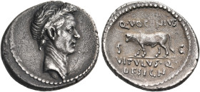 Divus Julius Caesar, died 44 BC. Denarius (Silver, 19 mm, 3.58 g, 12 h), struck under the moneyer Q. Voconius Vitulus, Rome, 40 BC. Laureate head of t...