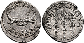 The Triumvirs. Mark Antony, Autumn 32 - Spring 31. Denarius (Silver, 18.5 mm, 3.73 g, 7 h), Patrae(?). ANT AVG / III · VIR · R · P · C Praetorian gall...