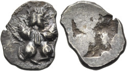SPAIN. Emporion. 5th century BC. Obol (Silver, 12 mm, 0.96 g). Two sphinxes facing each other, conjoined at the breast and at the back of the heads, w...