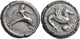 CALABRIA. Tarentum. Circa 500-490 BC. Nomos (Silver, 21 mm, 8.04 g, 5 h). TAPAΣ Phalanthos, nude, riding dolphin to right, his left arm outstretched t...