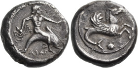 CALABRIA. Tarentum. Circa 490-480 BC. Nomos (Silver, 17 mm, 7.99 g, 3 h). ΤΑΡΑ ( retrograde ) Phalanthos, nude, riding dolphin to right, his left arm ...