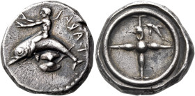 CALABRIA. Tarentum. Circa 480-470 BC. Nomos (Silver, 18 mm, 8.03 g, 6 h). TARAS [retrograde] Phalanthos riding dolphin to left, his arms outstretched ...