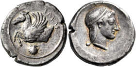 CALABRIA. Tarentum. Circa 470-450 BC. Drachm (Silver, 17 mm, 4.10 g, 7 h). ΤΑΡΑϞ Forepart of a hippocamp to left; below, scallop shell. Rev. Diademed ...