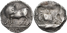 LUCANIA. Sybaris. Circa 550-510 BC. Third Nomos (Silver, 19 mm, 3.02 g, 2 h). VM Bull standing to left on dotted ground line, head turned back to righ...