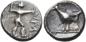 LUCANIA. Sybaris III. 453-448 BC. Triobol (Silver, 10 mm, 0.98 g, 6 h). MV ( retrograde ) Poseidon advancing to right, brandishing his trident with hi...