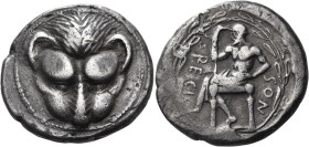 BRUTTIUM. Rhegion. Circa 450-445 BC. Tetradrachm (Silver, 29 mm, 17.04 g, 8 h). Lion's scalp facing. Rev. RECI-NOS Iokastos seated to left on a low th...