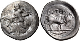 SICILY. Entella. Circa 440-430 BC. Litra (Silver, 13 mm, 0.30 g, 8 h). Nymph standing to left, pouring a libation, over an altar to left from a phiale...
