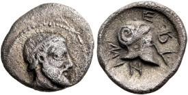 SICILY. Himera. Circa 470-450 BC. Litra (Silver, 10 mm, 0.60 g, 9 h). Male head to right, with short hair, a simple taenia and a pointed beard. Rev. Ι...