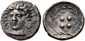 SICILY. Himera or Thermai Himerensis. Circa 400 BC. Trias (Silver, 7 mm, 0.29 g, 3 h). Head of nymph facing, turned slightly to left, and wearing taen...