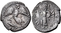 SICILY. Kamarina. Circa 461-440/35 BC. Litra (Silver, 13 mm, 0.77 g, 1 h). Nike flying to left; below, swan standing to left; all within wreath. Rev. ...