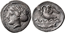 SICILY. Kamarina. Circa 410-405 BC. Litra (Silver, 12.5 mm, 0.73 g, 3 h). ΚΑΜΑΡΙΝΑ ( retrograde and outwards ) Head of the nymph Kamarina to left, wea...
