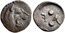 SICILY. Leontinoi. Circa 476-466 BC. Litra (Silver, 7 mm, 0.10 g, 9 h). Lion's head with open jaws, roaring to right. Rev. Λ - E (retrograde) Two pell...