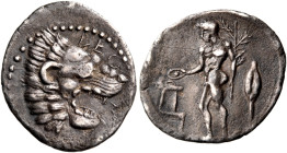 SICILY. Leontinoi. Circa 450-440 BC. Litra (Silver, 15 mm, 0.81 g, 12 h). LΕΟ-Ν Lion's head to right, with open jaws and protruding tongue; border of ...