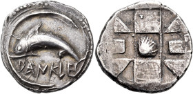 SICILY. Messana (as Zankle). Circa 500-493 BC. Drachm (Silver, 22 mm, 5.62 g). DANKLE Dolphin swimming to left within the sickle-shaped harbor of Mess...