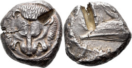 SICILY. Messana (as Zankle). Samian occupation, 493-488 BC. Tetradrachm (Silver, 22 mm, 17.21 g, 3 h), year 4 = 490/89. Lion's scalp facing. Rev. Δ Pr...