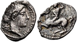 SICILY. Morgantina. Circa 339/8-317 BC. Litra (Silver, 11 mm, 0.38 g, 3 h). MOPΓANTINΩN Laureate head of Apollo to right. Rev. Cavalryman riding horse...