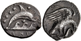 SICILY. Panormos (as Ziz). Circa 405-380 BC. Litra (Silver, 12 mm, 0.96 g, 3 h). ZIZ ( in Punic ) Dolphin leaping right above waves; above, five pelle...