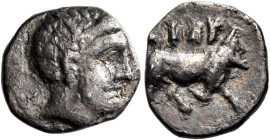 SICILY. Panormos (as Ziz). Circa 405-380 BC. Litra (Silver, 10 mm, 0.76 g, 10 h). Diademed male head to right. Rev. ṢYṢ in Punic Bearded man-faced bul...
