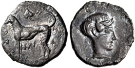 SICILY. Segesta. Circa 412/10-400 BC. Hemilitron (Silver, 9 mm, 0.31 g, 1 h). ΣΕΓ-ΕΣΤ-ΑI-ON Hound standing to left; above, ivy leaf. Rev. Head of nymp...