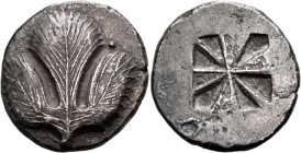 SICILY. Selinos. Circa 540-515 BC. (Silver, 22 mm, 8.74 g). Selinon leaf; to upper right, pellet. Rev. Incuse square divided into ten compartments, fo...