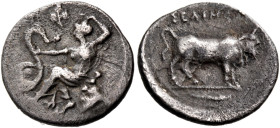SICILY. Selinos. Circa 415-409 BC. Litra (Silver, 12 mm, 0.67 g, 12 h). Nymph seated to left on a rock; raising her veil over her head with her uprais...