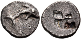 THRACIAN REGION. Uncertain city. Circa 500-450 BC. Hemiobol (Silver, 7.5 mm, 0.39 g), an issue copying Thasos. Very slim dolphin swimming to right. Re...