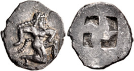 ISLANDS OFF THRACE, Thasos. Circa 500-480 BC. Trihemiobol (Silver, 13 mm, 1.02 g). Ithyphallic satyr running right. Rev. Quadripartite incuse square. ...