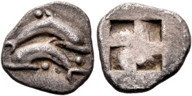 ISLANDS OFF THRACE, Thasos. Circa 500-480 BC. Obol (Silver, 9.5 mm, 0.58 g). Two dolphins swimming in opposite directions, one above the other, the up...
