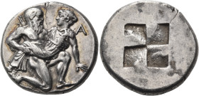 ISLANDS OFF THRACE, Thasos. Circa 412-404 BC. Stater (Silver, 21 mm, 8.58 g). Satyr advancing to right, bald-headed, with features remarkably like tho...