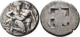 ISLANDS OFF THRACE, Thasos. Circa 412-404 BC. Stater (Silver, 21 mm, 8.73 g). Bald headed and nude Satyr moving right, holding a nymph who vaguely pro...