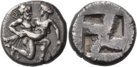 ISLANDS OFF THRACE, Thasos. Circa 412-404 BC. Drachm (Silver, 15 mm, 4.54 g). Satyr advancing to right, carrying protesting nymph. Rev. Quadripartite ...