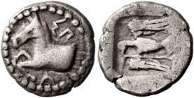 KINGS OF THRACE. Sparadokos, circa 464-444 BC. Diobol (Silver, 11 mm, 1.18 g, 12 h), Olynthos(?). ΣΠ-Α Horse forepart to left; border of dots. Rev. Ea...