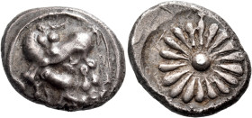 THRACO-MACEDONIAN REGION. Ennea Hodoi (?). Circa 500-480 BC. Stater (Silver, 20 mm, 8.25 g). Cow standing left, head turned back to right, suckling ca...