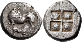THRACO-MACEDONIAN REGION. Ennea Hodoi (?). Circa 500-480 BC. Stater (Silver, 19.5 mm, 7.99 g). Cow standing left, head to right, suckling calf standin...
