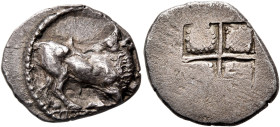 THRACO-MACEDONIAN REGION. Uncertain mint. Circa 5th century BC. Tetrobol (Silver, 16 mm, 2.27 g). Bull kneeling right, head turned back to left. Rev. ...