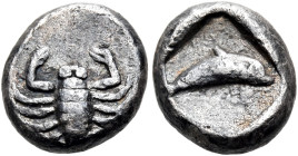 THRACO-MACEDONIAN REGION. Uncertain mint. Circa 5th century BC. Diobol (Silver, 9 mm, 1.02 g, 12 h). Scorpion, shown vertically. Rev. Dolphin swimming...