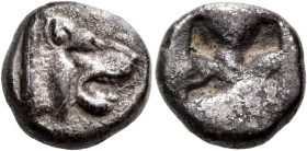 THRACO-MACEDONIAN REGION. Uncertain mint. Circa 500-450 BC. Tetrobol (Silver, 11 mm, 2.34 g). Head of a lion with open jaws to right. Rev. Irregular i...