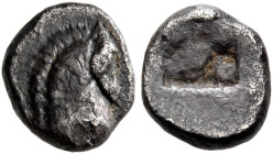 THRACO-MACEDONIAN REGION. Uncertain mint. Circa 5th century BC. Hemiobol (Silver, 6.3 mm, 0.32 g). Head of horse to right. Rev. Quadripartite incuse s...