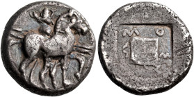 THRACO-MACEDONIAN TRIBES, Bisaltai. Mosses, circa 475-465 BC. Drachm (Silver, 15 mm, 3.68 g, 3 h). Bridled horse standing to right, his left fore hoof...