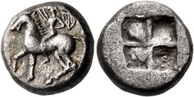 THRACO-MACEDONIAN TRIBES, Bisaltai. Circa 475-465 BC. Tetrobol (Silver, 11.5 mm, 2.35 g). Horseman with billowing cape (?) riding to left, holding two...