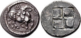 THRACO-MACEDONIAN TRIBES, Mygdones or Krestones. Circa 490-485 BC. Stater (Silver, 22 mm, 9.34 g). Goat kneeling right, head turned back to left; abov...