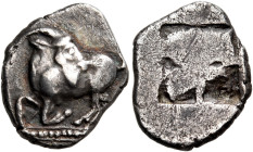 THRACO-MACEDONIAN TRIBES, Mygdones or Krestones. Circa 490-485 BC. Diobol (Silver, 12 mm, 1.17 g). Goat kneeling left, head turned back to right. Rev....