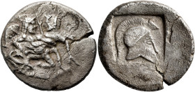 THRACO-MACEDONIAN TRIBES, Orreskioi. Circa 500-480 BC. Stater (Silver, 23 mm, 8.83 g, 5 h). Centaur galloping right, carrying protesting nymph with ex...