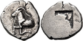MACEDON. Aige in Pallene. 500-480 BC. Drachm (Silver, 15.5 mm, 3.18 g). Forepart of goat kneeling left. Rev. Rough incuse square. Apparently unpublish...