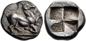 MACEDON. Aige in Pallene. 500-480 BC. Trihemiobol (Silver, 9.5 mm, 0.88 g). Goat kneeling to right. Rev. Quadripartite incuse square. Sheedy Non Paria...